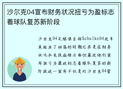 沙尔克04宣布财务状况扭亏为盈标志着球队复苏新阶段